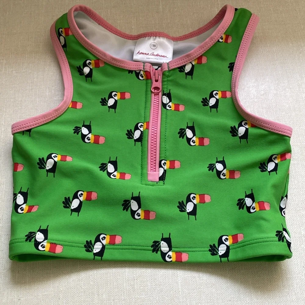 Hanna Andersson Swim Tank Green Pink Toucan Birds Quarter Zip Size 110 Girls 5 T